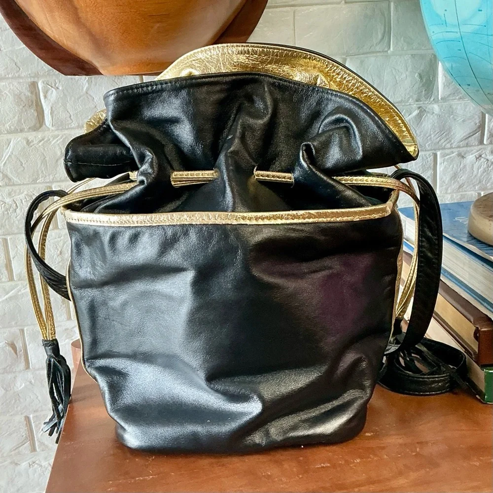 Vintage 1980s 90s Leather Drawstring Bucket Bag Woven Patchwork + Tassel Detail - Picture 8 of 13